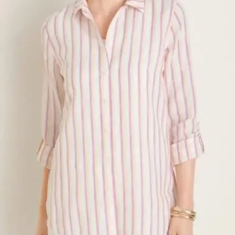 Chicos Sz 2  Roll Tab Top Metallic Stripe No Iron Linen Multi NWT
